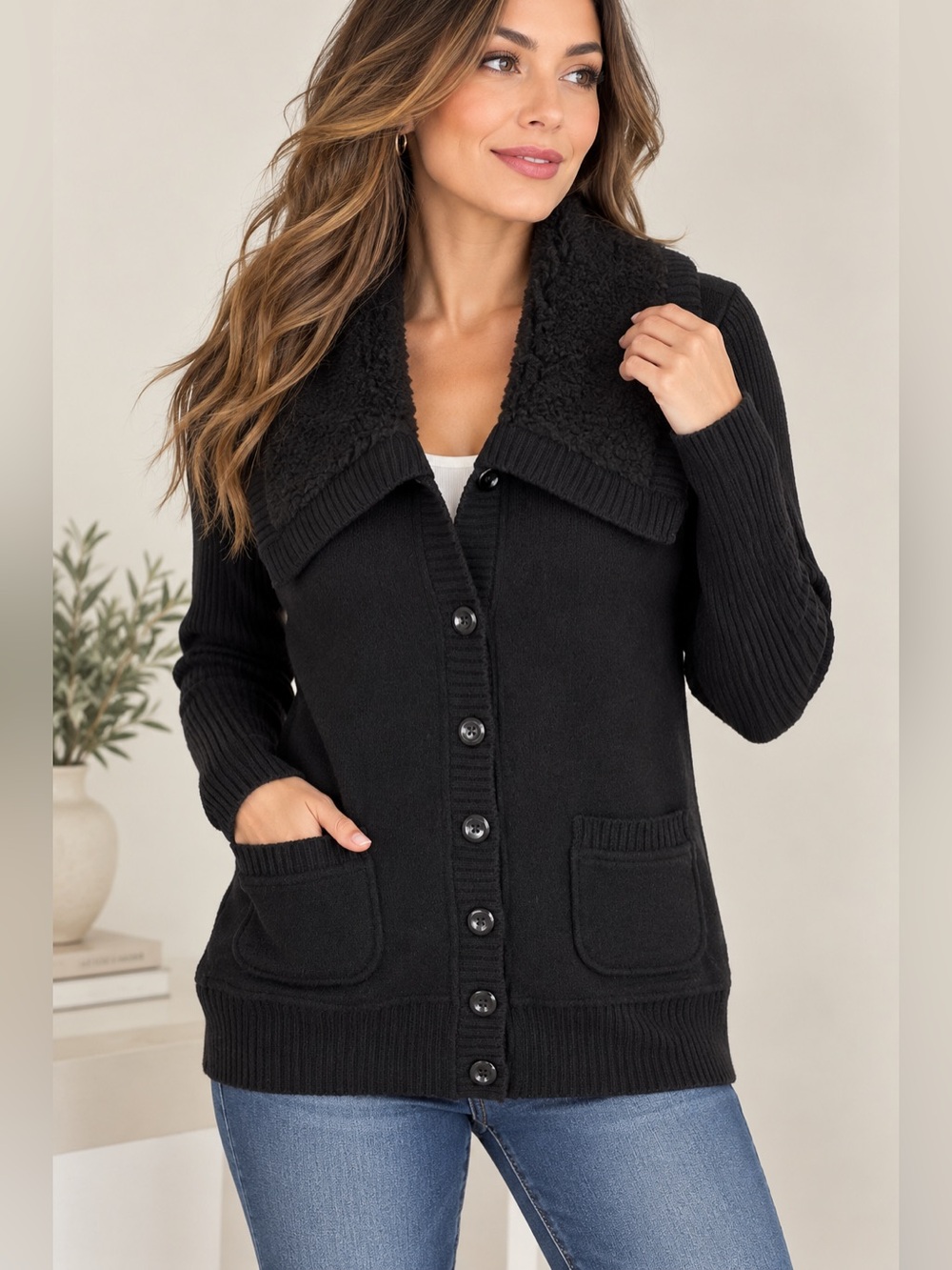 100% WOOL Black Cardigan Faux Fur Collar Button Front Verve Ami Size S